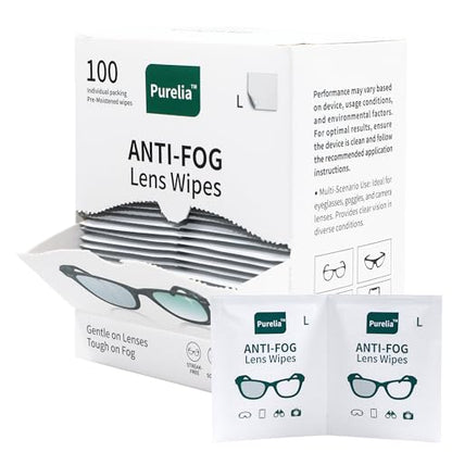 Anti-Fog Lens Wipes for Glasses, 100 Count, Individually Wrapped, Pre-Moistened, Large 4.7 x 4.7 Inch Sheets for Eyeglasses, Sunglasses, Screens, Camera Lenses