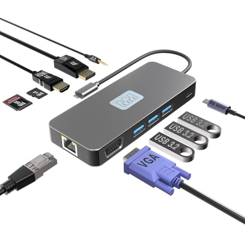 MMOBIEL USB-C Hub to 3X USB 3.2, SD/TF Card Reader, 1000Mbps ETH, HDMI/DisplayPort 4K@60Hz, VGA, 3.5mm Audio Output, 100W PD – 11-in-1 USB Hub - Triple Display Multiport for Laptop etc.