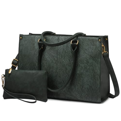 LOVEVOOK Laptop Tote Bag for Women, 15.6 Inch Embossed Vintage Leather Work Bag with Matching Clutch, Large Capacity Waterproof Computer Tote for Office, Business Travel & Daily Use, Gift for Women - color: Green Embossed, size: 15.6 inch