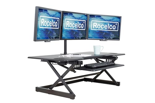 Rocelco 46" Large Height Adjustable Standing Desk Converter - Quick Sit Stand Up Triple Monitor Riser - Tall Gas Spring Assist Computer Workstation - Retractable Keyboard Tray - Black (R DADRB-46) - color: Black, size: 46", style: Riser Only
