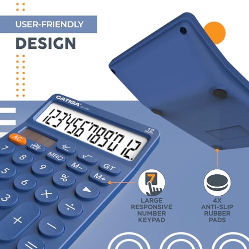 CATIGA 12 Digit Desktop Calculator Basic Desk Calculator with Large LCD Display, Big Buttons, 4 Function, Solar and Battery Dual Power, for Office, School, Home, SD-1292 Navy Blue - color: 5.1) Navyblue