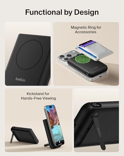 Belkin 10000mAh Qi2.2 25W MagSafe Power Bank w/Kickstand & Display | Wireless Charging Battery Pack, iPhone 17, Air, Pro, Pro Max, Google Pixel 10, Digital Battery Display, Magnetic - color: Black