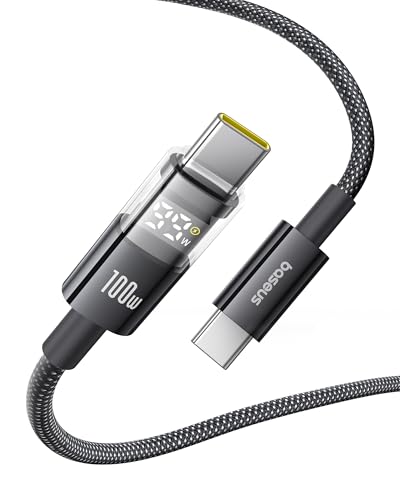 Baseus USB C Cable, 100W 5A Fast Charging USB C Charger Cable with LED Display, Zinc Alloy Nylon Braided USB C to USB C Cable for iPhone 16/Pro/Plus/Pro Max, MacBook, iPad Pro, Galaxy S24/S23 (6.6ft) - size: 6.6ft