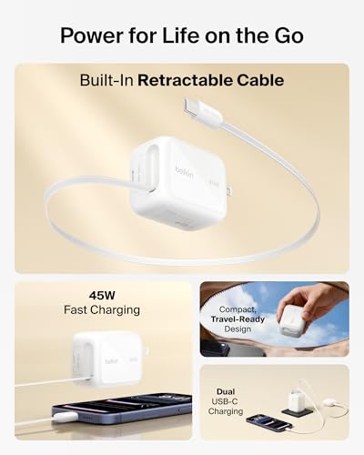 Belkin Wall GaN Charger 45W w/ 2.6ft Retractable USB C Cable & USB C Port - iPhone Charger Fast Charging for iPhone 17 & 16 Series, Galaxy S26 Series, AirPods, Tablet, MacBook, Chromebook, Travel - color: White, style: 45W