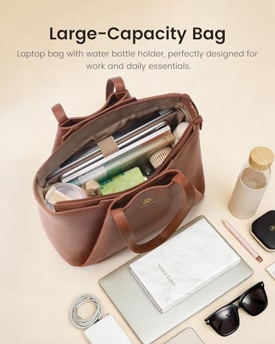 LOVEVOOK Laptop Tote for Women - 15.6 Inch Faux Leather Laptop Bag with Clutch, Large Capacity Office Purse Computer - color: Yellow & Brown, size: 15.6 inch