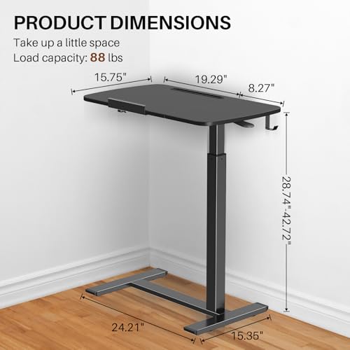 Overbed Table with Wheels, Pneumatic Height and Tilting Desktop | Top Tilts 0-60° with Anti-Slip Stops, Hook, Capacity 66 lbs, 1.18 in Low-Profile Base Slides Easily Under Beds and Sofa - color: Black