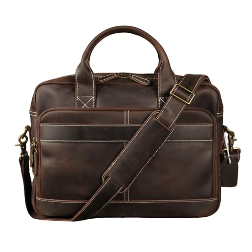 16" Full Grain Leather Briefcase Laptop Bag Shoulder Messenger Bag Classic Handbag for Business or Travel | Full Grain Leather - color: Dark Coffee