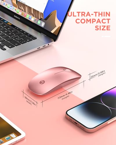 RAPIQUE Bluetooth Wireless Mouse, BT5.1+2.4G Slim Dual Mode, Rose Gold | Quiet clicks, Low Power, 1600 DPI, USB-A Receiver, Portable design, Works with MacBook, Laptop, iPad Pro/Air and Tablet - color: Rose Gold