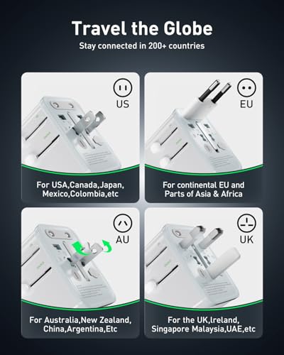 Travel Adapter, 30W GaN Fast Charging European Plug Adapter Worldwide Universal Charger with 4 Ports 1 AC, 1 USB-A, and 2 USB-C Ports Plug Adapter for USA European UK AUS Japan, White