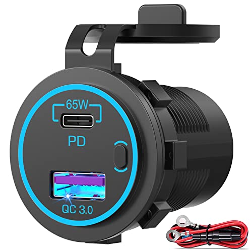 83W12V USB Outlet Qidoe 65W USB C for Laptop Car Charger Socket Quick Charge3.0 18W with Power Switch Long Body Waterproof Adapter for Car Boat Marine Truck Golf RV