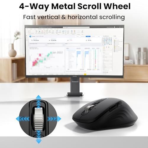 Wireless Bluetooth Mouse, Multi-Device Ergonomic Mouse with 5 Programmable Buttons, 4-Way Metal Scroll Wheel,4800 DPI Adjustable, 18-Month Battery Life, Silent Click, for Laptop, PC, Mac - Black