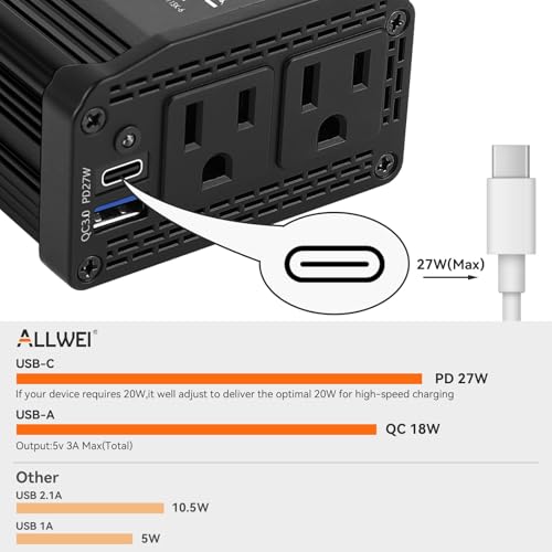 ALLWEI 300W Car Power Inverter 12V DC to 110V AC Car Inverter-Black | with 27W PD USB-C&18W USB-A Fast Charging, Car Charger Cigarette Adapter for Phone, Laptop and Small Devices on Road Trip