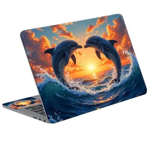 Universal Laptop Skin Sticker Decal with 2 Wrist Pad Skins, Waterproof Scratch Vinyl Cover for 11–15.6 Inch MacBook, HP, Dell, Lenovo, Cutable & Reusable,Dolphin Heart Sunset - color: Dolphin Heart Sunset