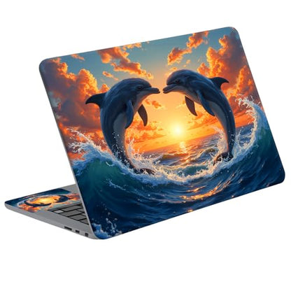 Universal Laptop Skin Sticker Decal with 2 Wrist Pad Skins, Waterproof Scratch Vinyl Cover for 11–15.6 Inch MacBook, HP, Dell, Lenovo, Cutable & Reusable,Dolphin Heart Sunset - color: Dolphin Heart Sunset