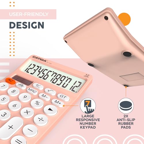 CATIGA 12 Digit Desktop Calculator Basic Desk Calculator with Large LCD Display, Big Buttons, 4 Function, Solar and Battery Dual Power, for Office, School, Home, SD-1292 Pink - color: 2) Pinkwhite