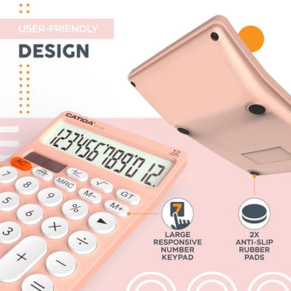 CATIGA 12 Digit Desktop Calculator Basic Desk Calculator with Large LCD Display, Big Buttons, 4 Function, Solar and Battery Dual Power, for Office, School, Home, SD-1292 Pink - color: 2) Pinkwhite