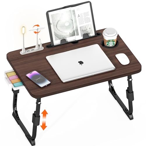 Lap Desk for Bed, Adjustable Laptop Desk with USB Charging Port, Storage Drawer & Bookshelf — Foldable Bed Desk for WFH & Students, 23.6" Desktop Fits 21" Laptop, Non-Slip, Walnut - color: Walnut