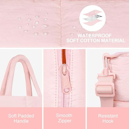 NOL Large Puffy Quilted Tote Bag for Women, Lightweight with Removable Strap & Zippered Compartments for Travel & Work - color: Pink