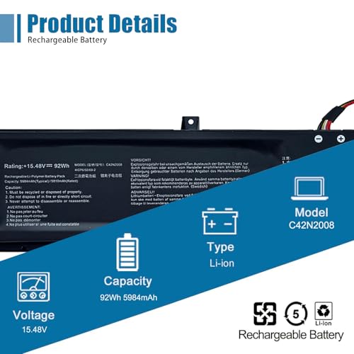 C42N2008 Laptop Battery Replacement for ASUS ZenBook Pro Duo 15 OLED UX582 UX582L UX582LR XS74T UX582LR-H2002R UX582LR-BP1979R Series 0B200-03840000 15.48V 92Wh 5984mAh - size: 7.80*2.56*0.47 inch C42N2008