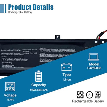 C42N2008 Laptop Battery Replacement for ASUS ZenBook Pro Duo 15 OLED UX582 UX582L UX582LR XS74T UX582LR-H2002R UX582LR-BP1979R Series 0B200-03840000 15.48V 92Wh 5984mAh - size: 7.80*2.56*0.47 inch C42N2008