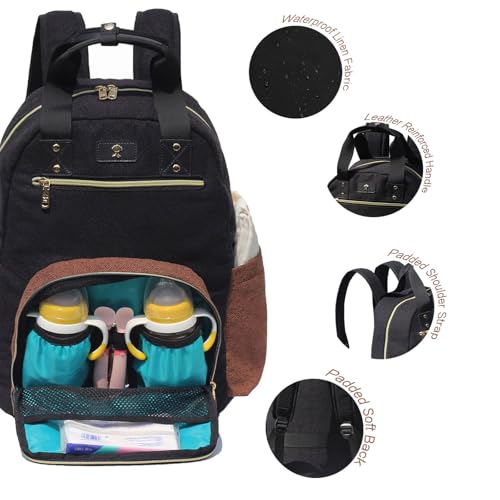 ESVAN Diaper Bag Backpack, Large Capacity Multifunction Baby Essentials Fashion Travel Pack Linen Canvas office Laptop Bag (Linen Brown) - color: Linen Brown