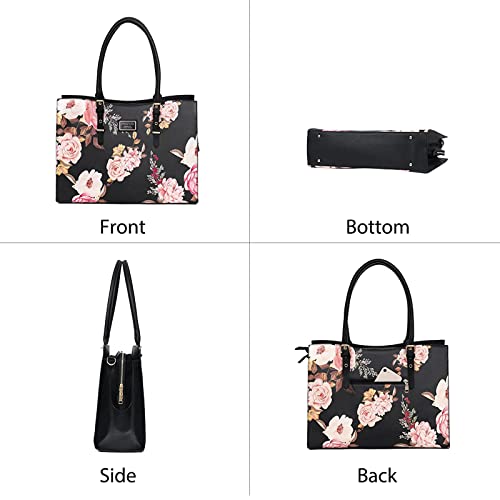 MOSISO Laptop Tote Bag for Women, 15-16 inch Laptop Bag | Compatible with MacBook Air 15/Pro 16, Peony Waterproof PU Leather Work Tote Briefcase with Adjustable PU Handle, Black - size: 16 inch
