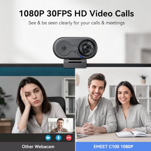 EMEET C100 1080P Webcam for PC, Built-in Mic, Rotating Privacy Cover, Portable Metal Clip, Computer Camera for Home Office, Meetings, Learning, Streaming, External Webcam for Desktop, Laptop, PC USB-A - style: Smooth 1080P w/ Stable Fixed Focus