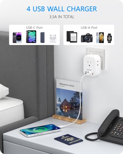 LENCENT US to India Power Plug Adapter, Indian Travel Adapter | 4 Outlets, 4 USB Ports(2 USB C), Type D Plug Converter for USA to India Nepal Bangladesh Maldives Pakistan, Safe Grounded - style: Type D-17.5W-India Maldives