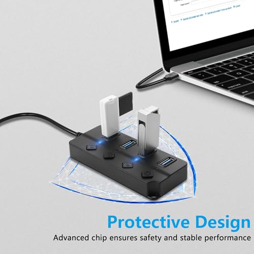 CERRXIAN USB Hub, 4Port USB Hub Splitter with Individual On/Off LED Switches 6.6ft/2m Long Cable, Multi Port Expander, Fast Data Transfer USB Splitter for Laptop, PC,Mobile HDD