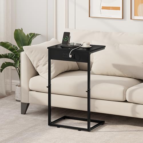 C Shaped End Table with Charging Station, Adjustable Height Side Table for Couch,Small Side Table Small Spaces, 33.2'' Tall Couch Tables that Slide Under, Tv Tray Table for Living Room, Black - color: Black (1 Pack), style: With Plug