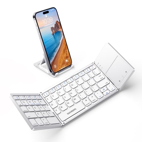 Samsers Foldable Bluetooth Keyboard with Touchpad, Slim Compact, Silver | Multi-touch Trackpad, Full Size, Phone Holder, USB-C Charging, 1 Device, for Android Windows iOS Mac OS, Mobile Productivity - color: Frost Silver, size: 1-Device