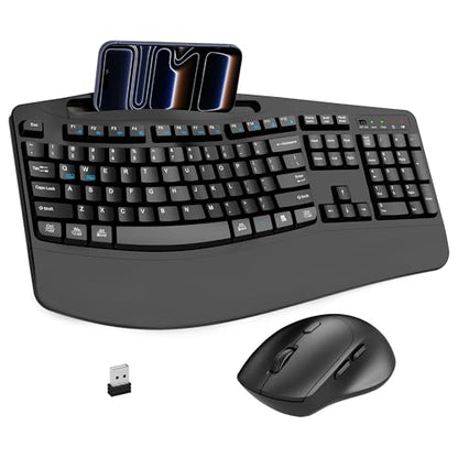 Wireless Keyboard and Mouse Combo, 2.4G Full Size Wave Keys Ergonomic Keyboard with Wrist Rest, Phone Holder, 3-Level DPI Wireless Silent Mouse with 6-Buttons, for Windows, Mac OS, Laptop, PC (Black) - color: Black