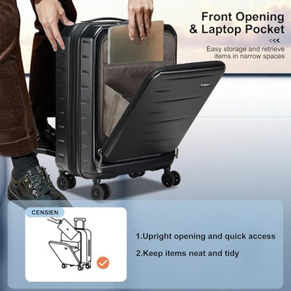CENSIEN Expandable Carry On Luggage Airline Approved, 20 Inch Lightweight ABS+PC Hard Shell Suitcases with Front Pocket, Spinner Wheels, TSA Lock (Black, 1PC) | Front Opening with Laptop Pocket,Lightweight ABS+PC Hard Shell Suitcases,360° Spinner Wheels,T