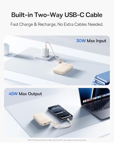 Baseus 20000mAh Compact Portable Charger 45W, CCC Certified Power Bank Built-in USB-C Cables, Travel Essential PD Fast Charging Battery Pack for iPhone 17/16 Series Galaxy S25/S24 Ultra Google iPad