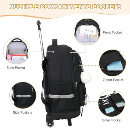 Scothen Rolling Backpack for Girls, Girls Backpack Set with Lunch Box & Pencil Pouch for Teen Girl Kids Children Elementary Middle School, Bookbag Daypack Laptop Travel Backpack with Wheels (Black) - color: Black