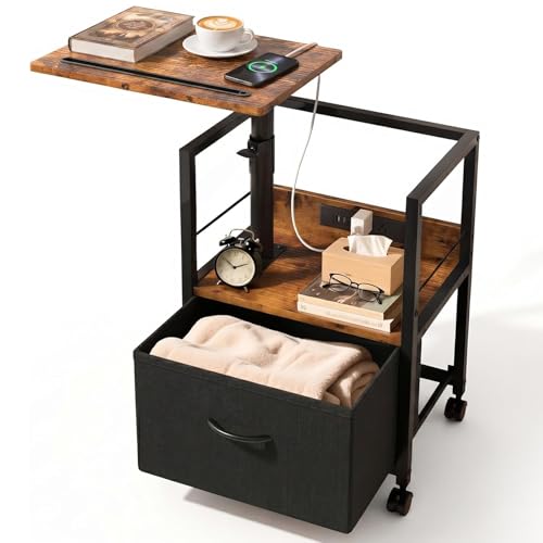 Faesun Swivel Lift Top Nightstand with Charging Station, Rolling Side Table for Recliner, Bedside Table with Wheels & a Fabric Drawer, for Small Spaces, for Bedroom, Living Room, Brown Black - color: 01 - Brown Black, size: 1 Drawer