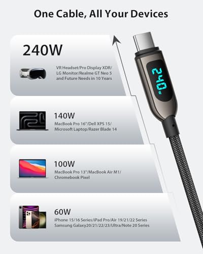SOOPII 240W USB C to USB C Cable, [4ft,2-Pack] Nylon Braided Fast Charging Cable with LED Display for lPhone 17/17 Pro/16 Plus/15 Pro Max,lPad Air,MacBook Pro,Galaxy S25/S24, Pixel, LG (Black) - color: Black, size: 1.2M 2Pack - 240W