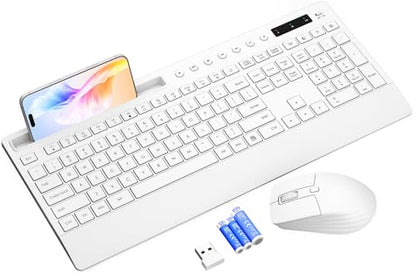 White Wireless Keyboard and Mouse Combo - Full-Size Quiet Keyboards with Palm Rest, Phone Holder, Multimedia Keys, Batteries Included, Office Key Board Compatible with Windows, PC, Laptop - Trueque - color: Snow White