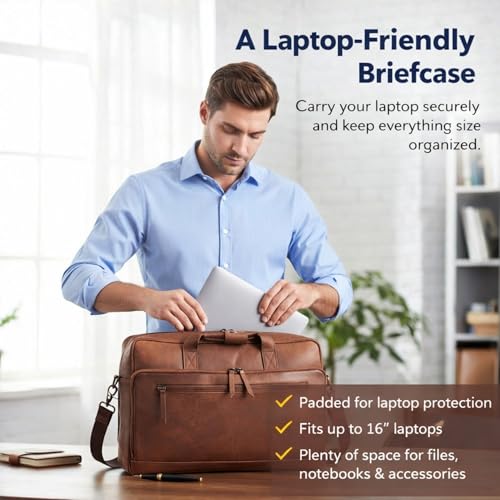 17-inch Genuine Leather Laptop Briefcase for Men and Women – Brown Leather Messenger Bag for Professional Work, Office, College & Travel Computer Laptop Bag