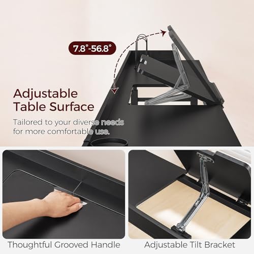 MAHANCRIS Overbed Table with Wheels, Queen Size Adjustable Rolling Desk | Height & Angle Adjustable Rolling Overbed Table with Bookshelf, Cup Holder, 4 Hooks, Lockable Wheels, Fits Bed/Sofa/Recliner - color: Black