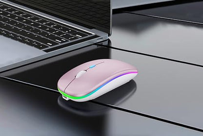 WREANU Wireless Bluetooth Mouse, Rechargeable Laptop Mice, Pink | LED Lights Silent Slim Dual Mode(BT5.2 and 2.4G Portable USB Receiver) Computer Mouse for Laptop/iPad/Tablet/Computer/Mac - color: Pink