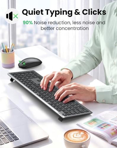 TECKNET 2.4G Rechargeable Ultra-Slim Wireless Keyboard and Mouse Combo | 2.4G Stable Connection, Full-Size Scissor Switch Keyboard with 12 Multimedia Keys, Silent Mouse, Ergonomic Design, Grey - color: Gray