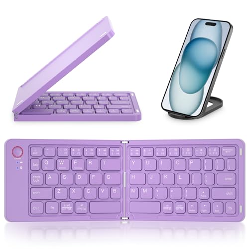 Mini Foldable Bluetooth Keyboard - Portable Wireless Full Size Keyboard (Sync Up to 3 Devices), Ultra-Slim Aluminum Travel Folding Keyboards for iPhone iPad Mac Android Windows iOS (Purple) - color: Purple