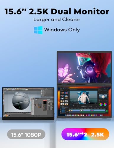 ZSCMALLS 2.5K Dual Monitor(Wins Only), Triple Laptop Screen Extender, 15.6" QHD Folding Stacked Portable Dual Monitor, USB C Travel Extended Computer Display, 180°Rotation, Plug & Play for Laptops - size: 15.6 inch