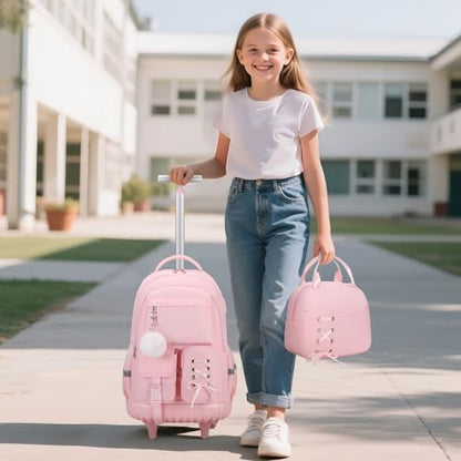 Scothen Rolling Backpack for Girls, Girls Backpack Set with Lunch Box & Pencil Pouch for Teen Girl Kids Children Elementary Middle School, Bookbag Daypack Laptop Travel Backpack with Wheels (Pink) - color: Pink