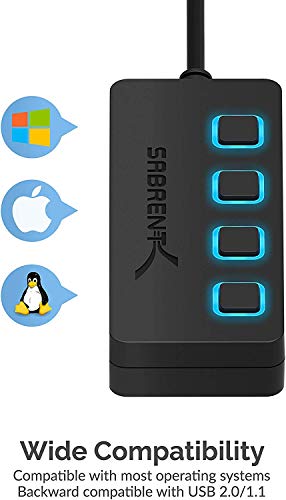 SABRENT 4-Port USB 2.0 Data Hub, LED Power Switches (HB-UMLS) | Individual LED-lit power switches; data only (charging not supported); for Mac & PC - size: USB-A 4-Port