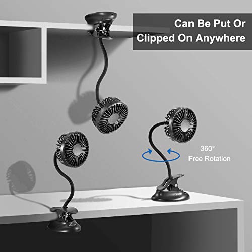 Clip On USB Mini Desk Fan with Emergency Power Bank, Battery Operated Rechargeable Portable Fan - Flexible Neck, 3 Speed Personal Cooling for Car, Camping, Office, Dorm, Beach - Black - color: Black