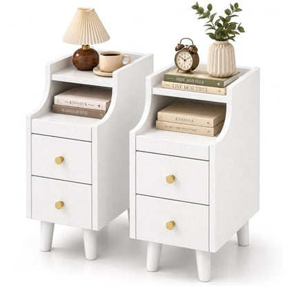 POWERSTONE Narrow Nightstand with 2 Drawers Set of 2, Solid Wood Bedside Table with Pull Out Tray & Cable Hole & Slots, Slim End Side Table for Small Spaces Bedroom, Living Room, White - color: White