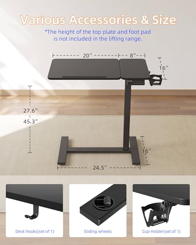 YIHAYO Adjustable Overbed Bedside Table with Wheels, 28 x 16 Inches Electric Mobile Standing Desk, Laptop Desk, Movable Overbed Tables Hospital Home Use, Black - color: Black Frame/Black Top, size: 28*16 Inch