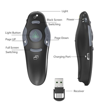 Presentation Clicker with Case Storage Wireless Presenter Remote USB Type C Rechargeable Green Laser Pointer PowerPoint Clickers for Computer Mac Project PPT Slideshow Google Slide Advancer - style: Green Laser